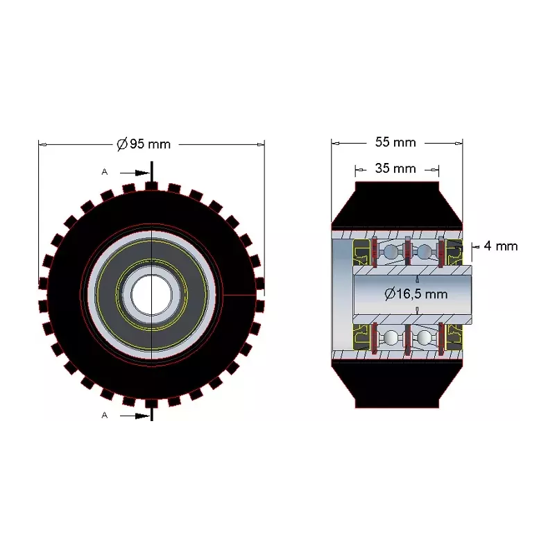 Rodillo n.º 26 – rodillo de apoyo de acero y goma Ø95 mm para máquinas ROPA | OEM ROPA 252079 | fabricante KiJ