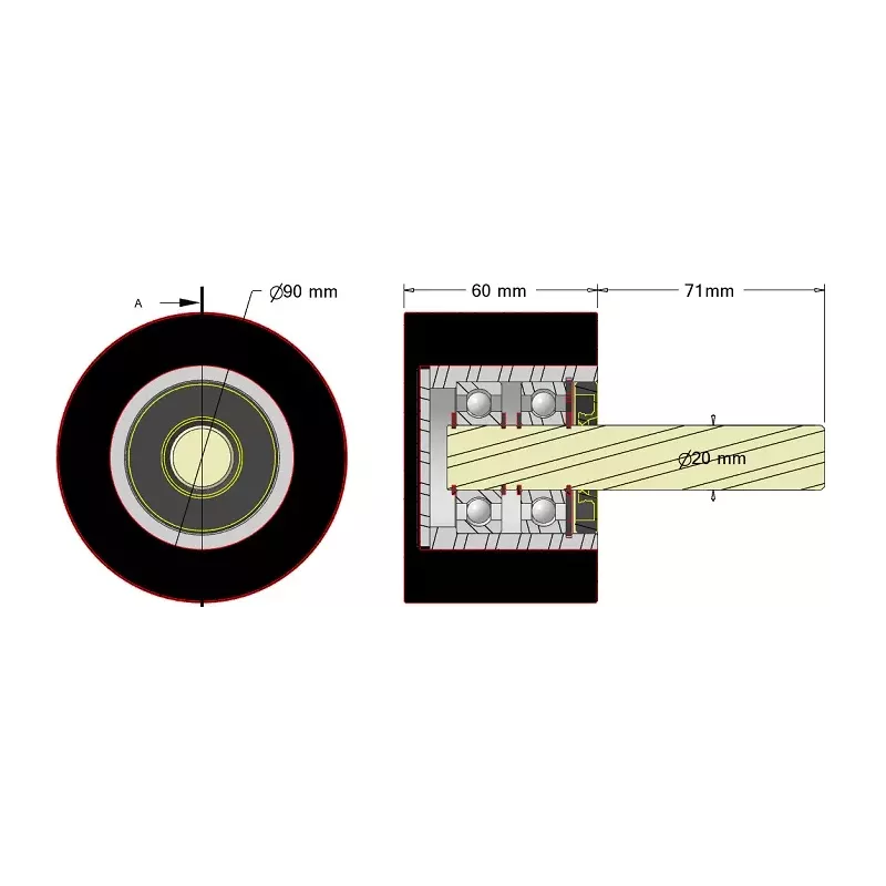 Rodillo n.º 294a – rodillo de apoyo de acero y goma Ø90 mm para máquinas Dewulf | fabricante KiJ