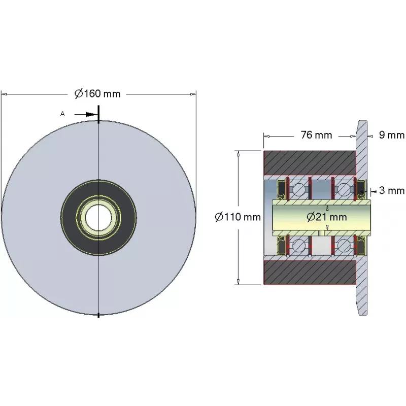 Rodillo n.º 23H – rodillo de apoyo de acero y goma Ø110 mm para máquinas Holmer | OEM Holmer 1130020688 | fabricante KiJ