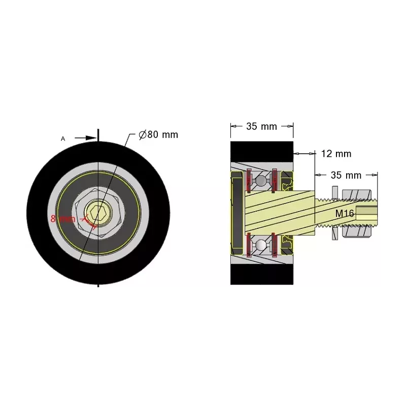 Rodillo n.º 313 – rodillo de apoyo de acero y goma Ø80 mm para máquinas Guaresi | OEM Guaresi P7714120000 | fabricante KiJ