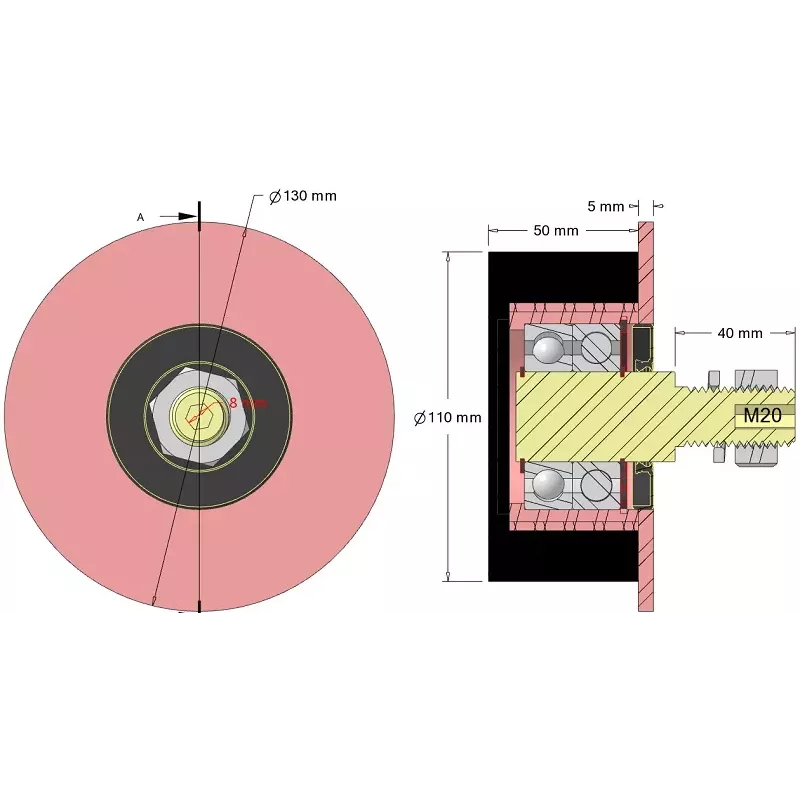 Rodillo n.º 324 – rodillo de apoyo de acero y goma Ø110 mm para máquinas Sandei | OEM Sandei D0022 | fabricante KiJ