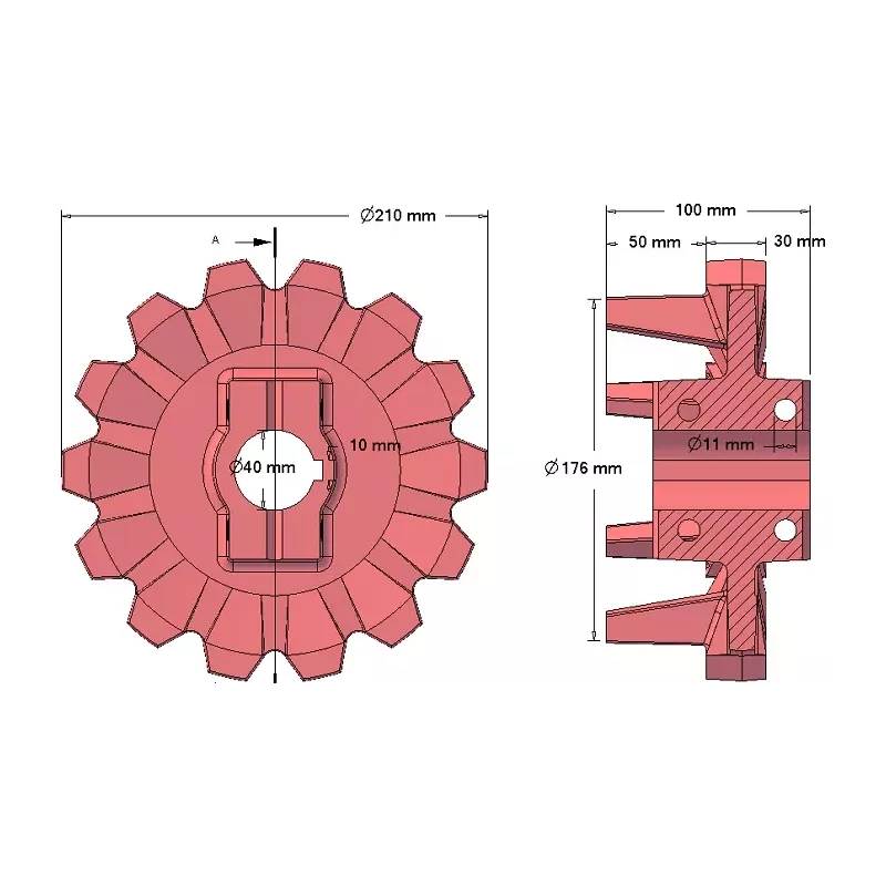 Rodillo n.º 123 – rodillo motriz de fundición Ø176 mm, paso 42 mm, para la cosechadora de patatas Anna Z644 | OEM Anna 564438002 | fabricante KiJ