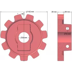 Rodillo n.º 149 – rodillo motriz de fundición Ø152 mm, paso 40 mm | OEM 10.21.05-2 | fabricante KiJ