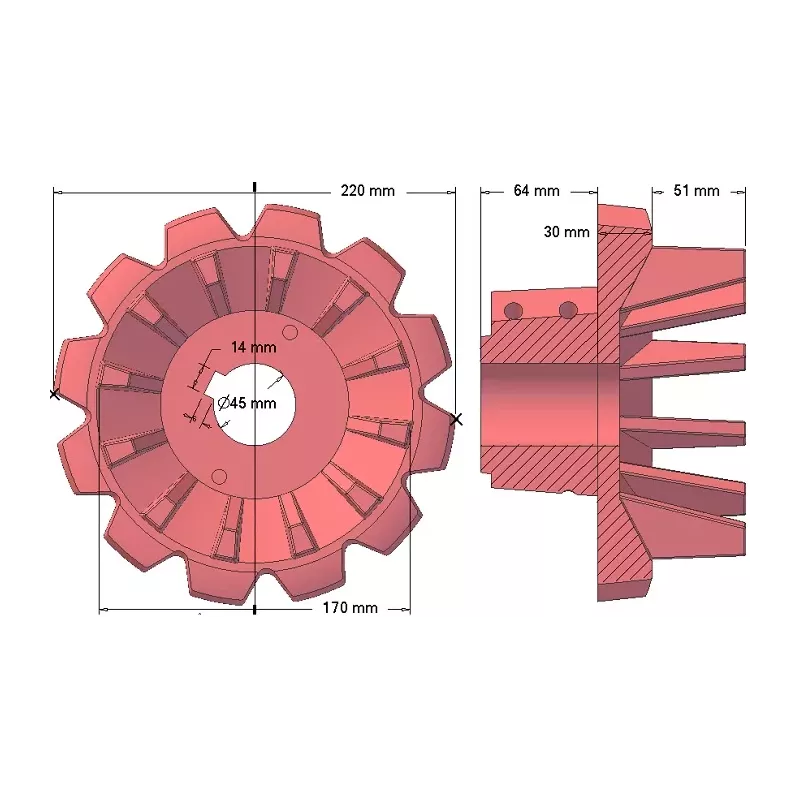 Rodillo n.º 172 – rodillo motriz de fundición Ø170 mm, paso 50 mm | fabricante KiJ